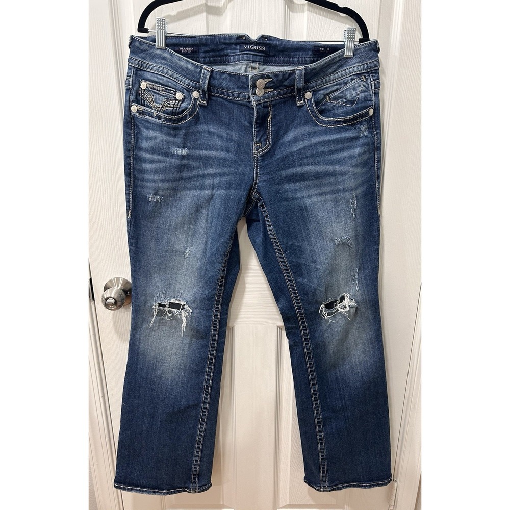 Vigoss The Chelsea Bootcut Jeans Distressed Sz 16 31" Inseam Embroidered Pockets